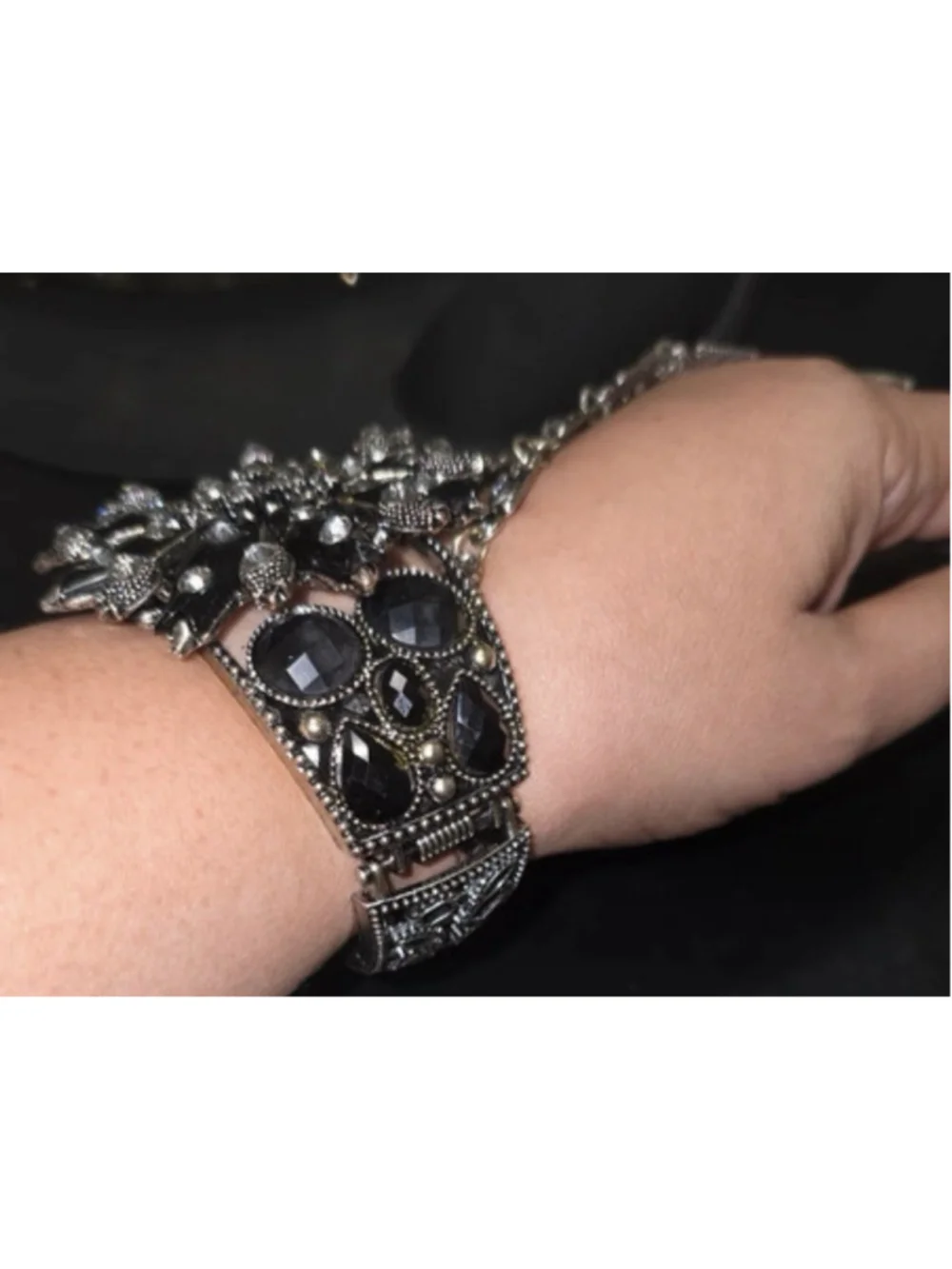 Black Rhinestone Gothic ArtDeco Boho Hand Chain Finger Slave Ring Bracelet Gypsy